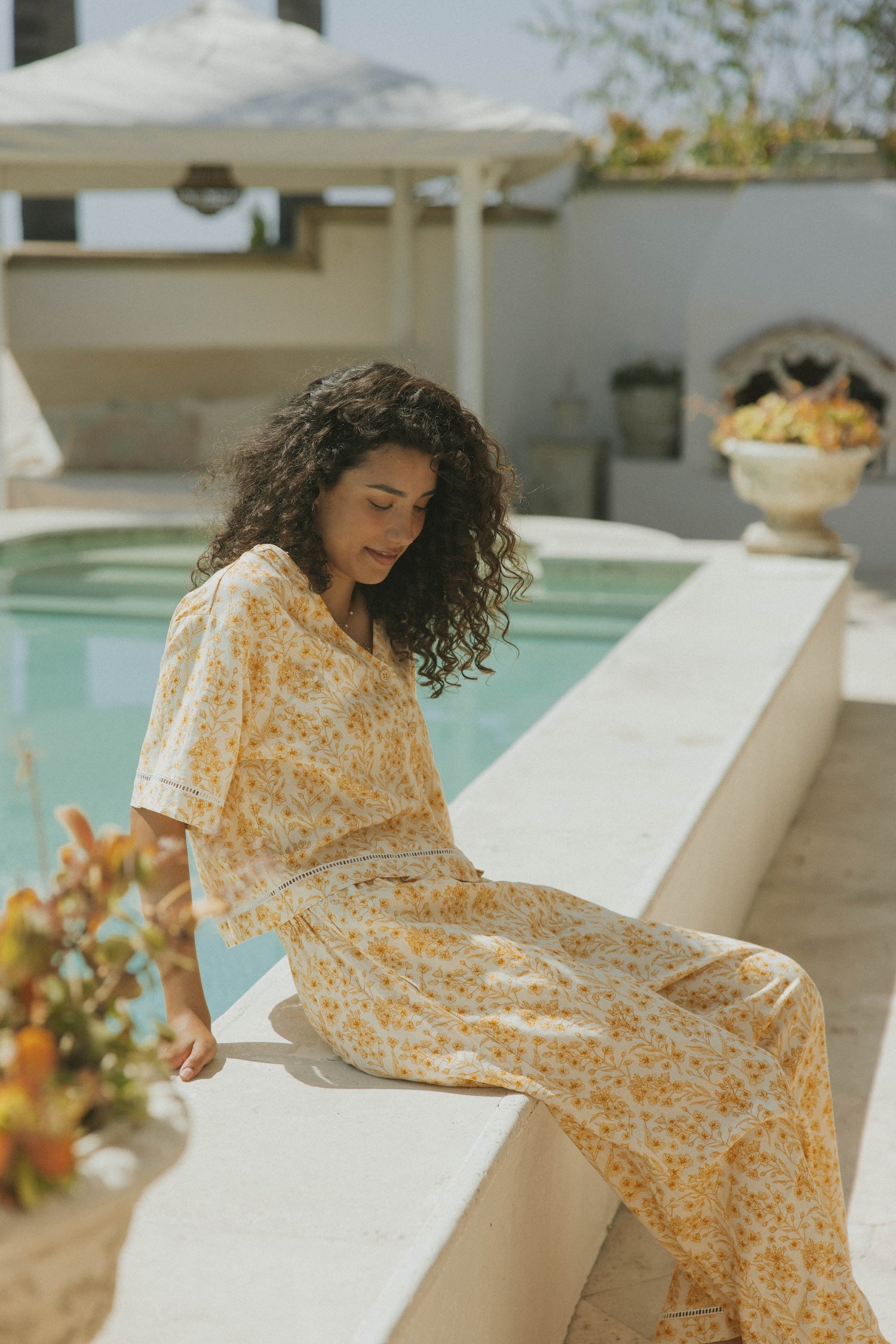 Floral blouse in linen two piece set for women. 