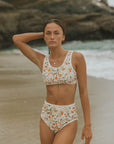 Neutral colored floral printed full coverage athletic modest bikini top