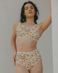 Neutral colored floral printed full coverage athletic modest matching bikini top and bottoms
