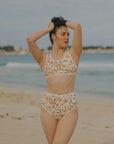 Creme colored floral modest bikini bottoms in a matching set