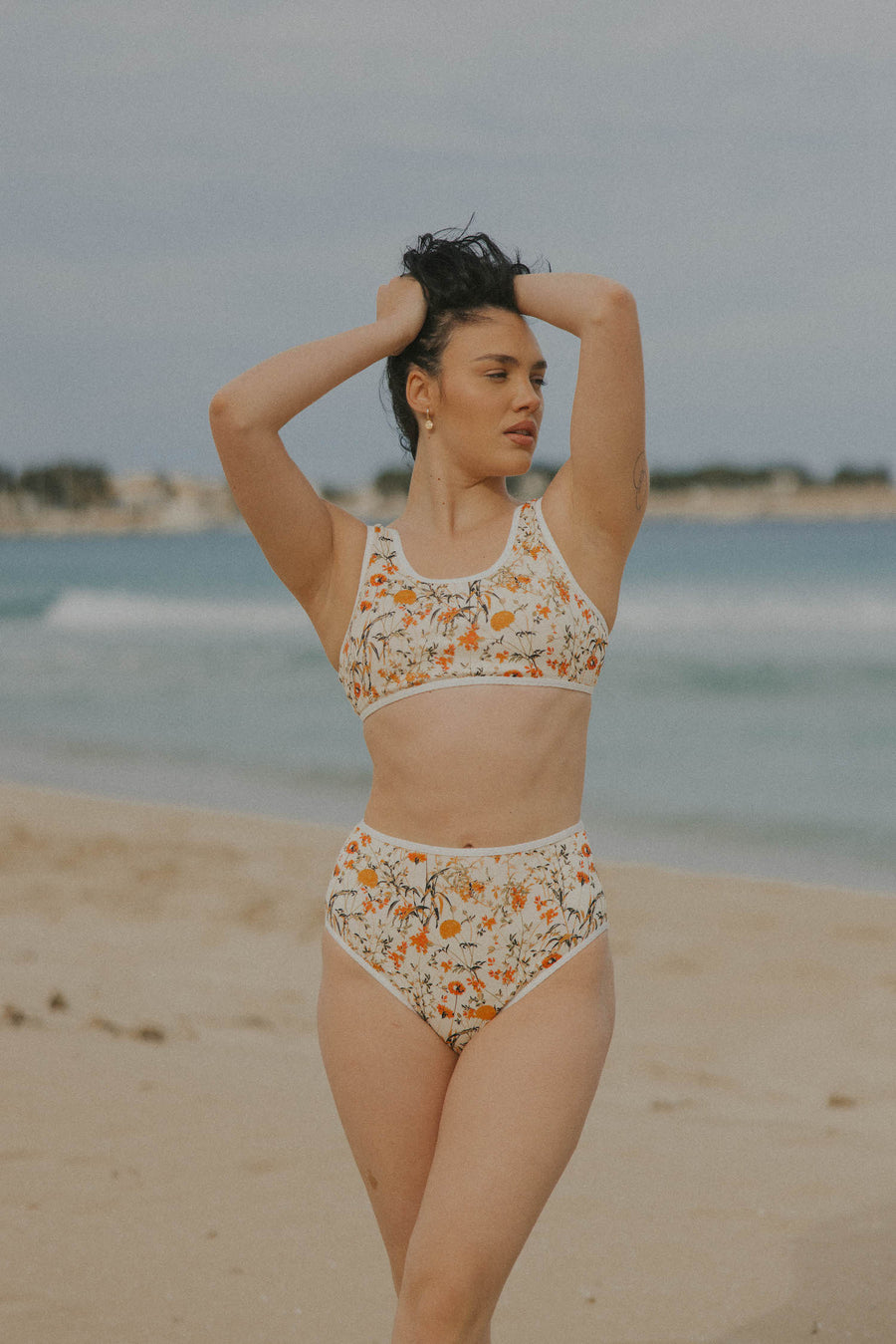 Creme colored floral modest bikini bottoms in a matching set