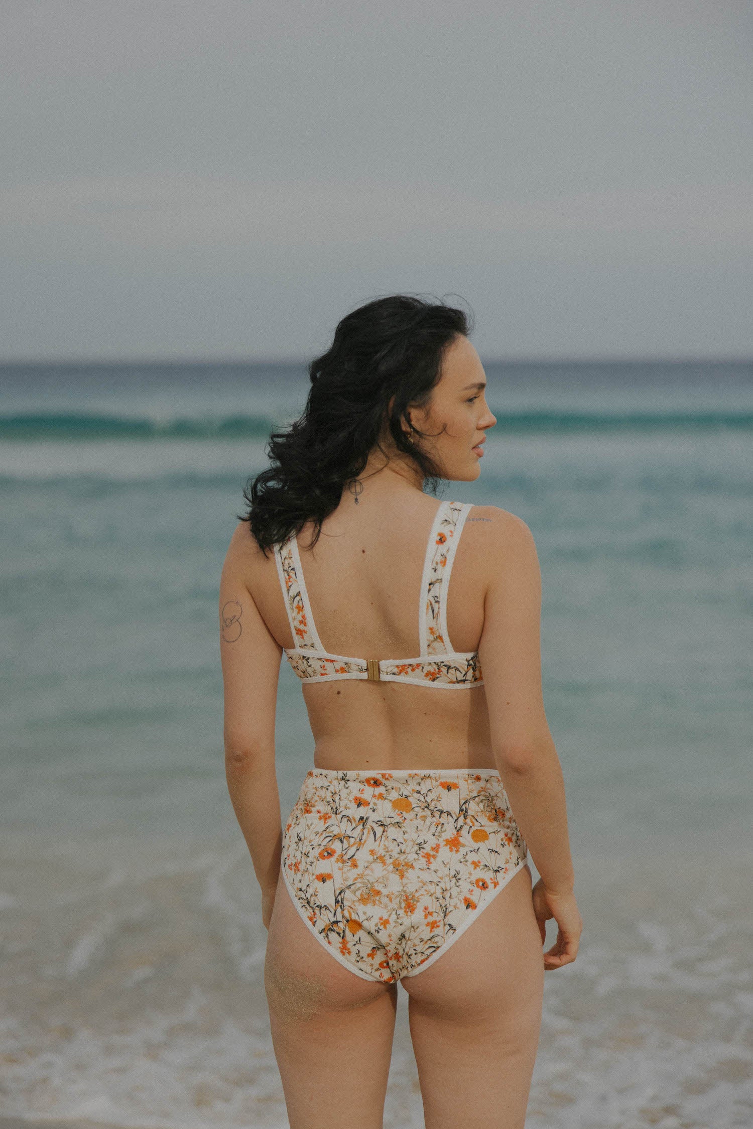 Creme colored floral modest bikini high waisted bottoms