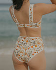 Neutral colored floral printed full coverage sporty bikini bottoms