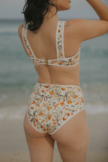 Neutral colored floral printed full coverage sporty bikini bottoms