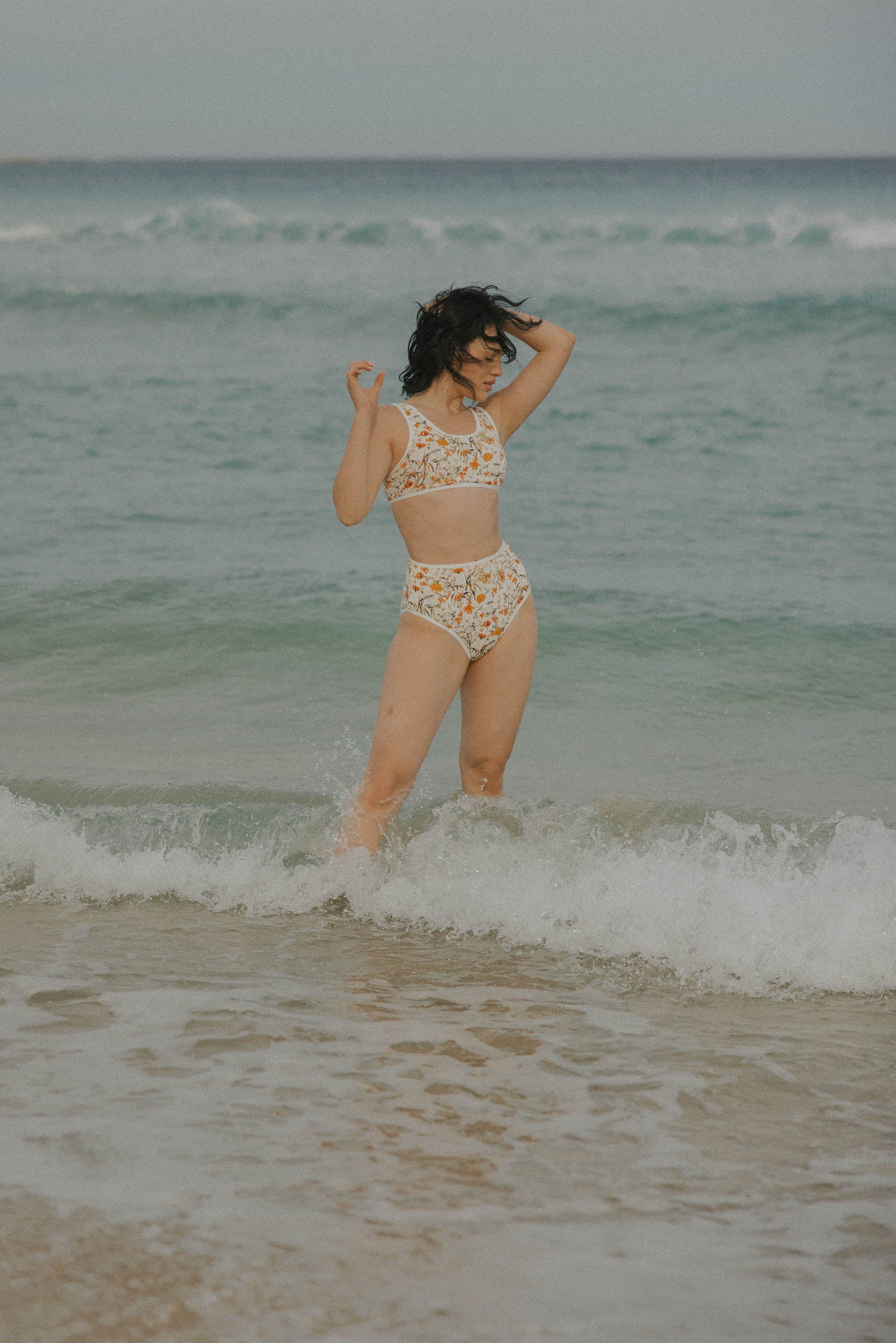 Neutral colored floral printed full coverage athletic modest bikini set