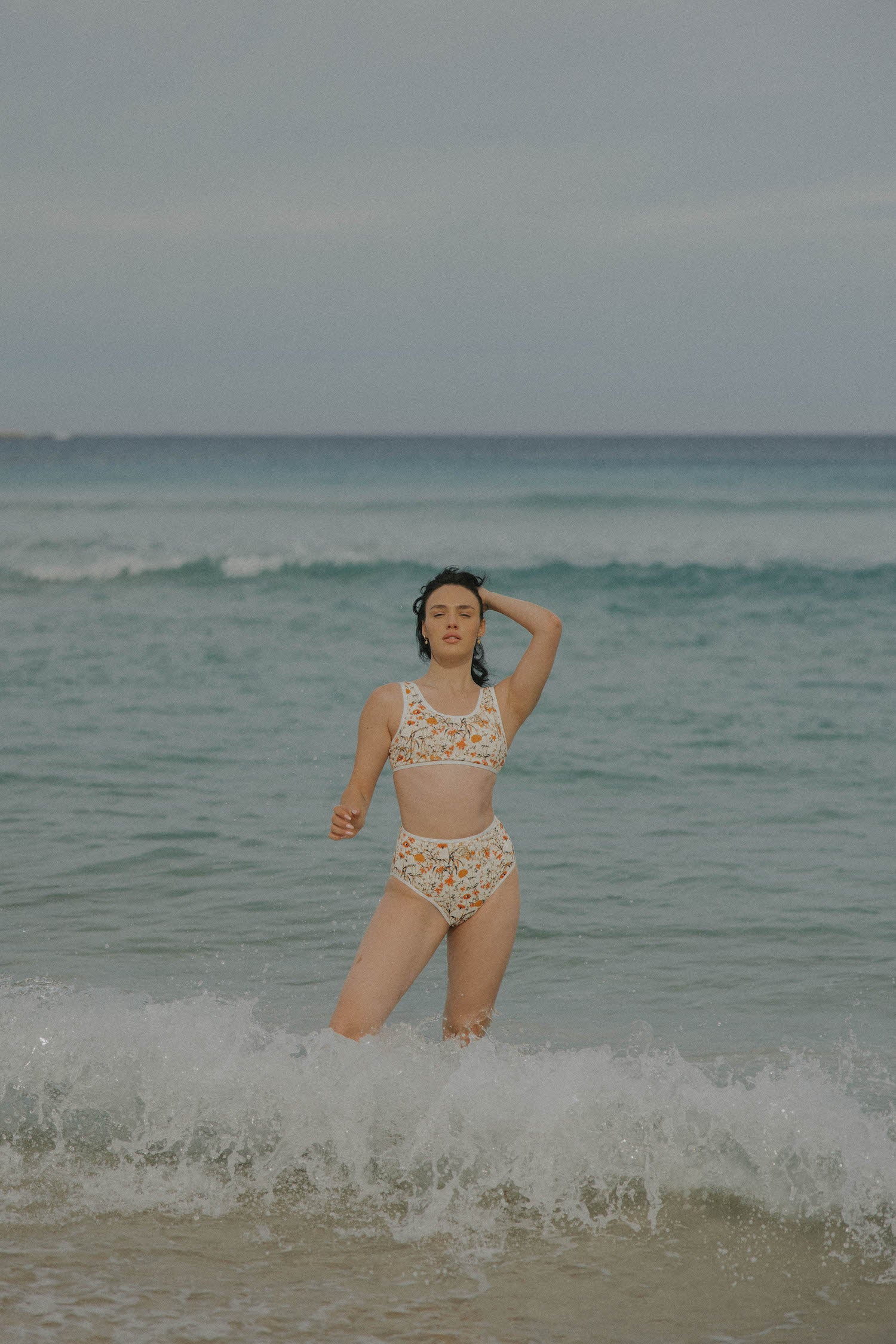 Neutral colored floral printed full coverage high waisted bikini bottoms