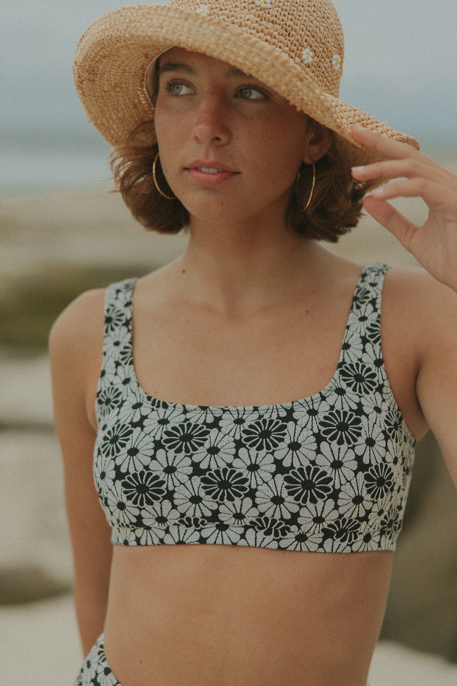 Square Neck Retro Textured Floral Bikini Top