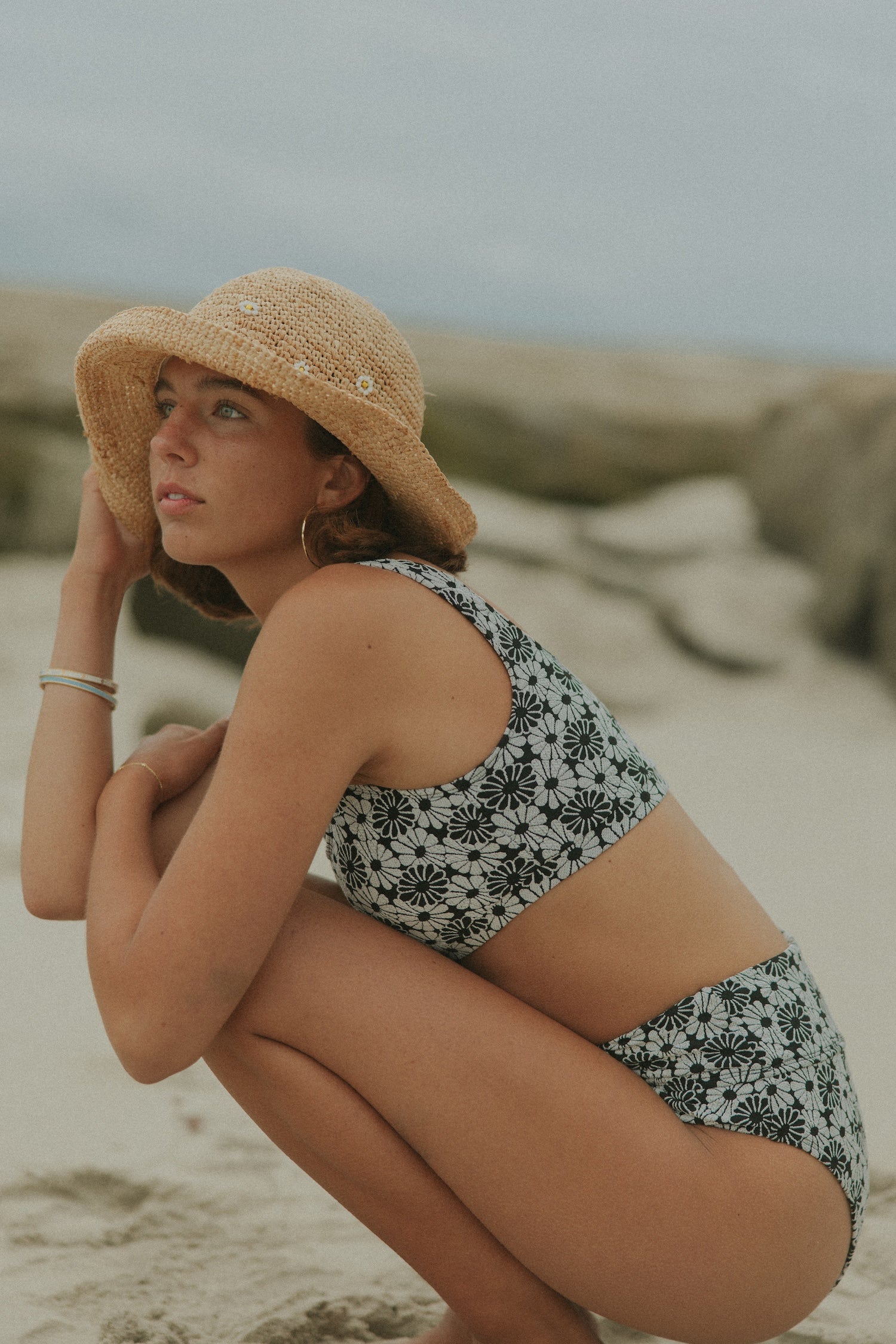 Retro Modest Floral Black and White Bikini