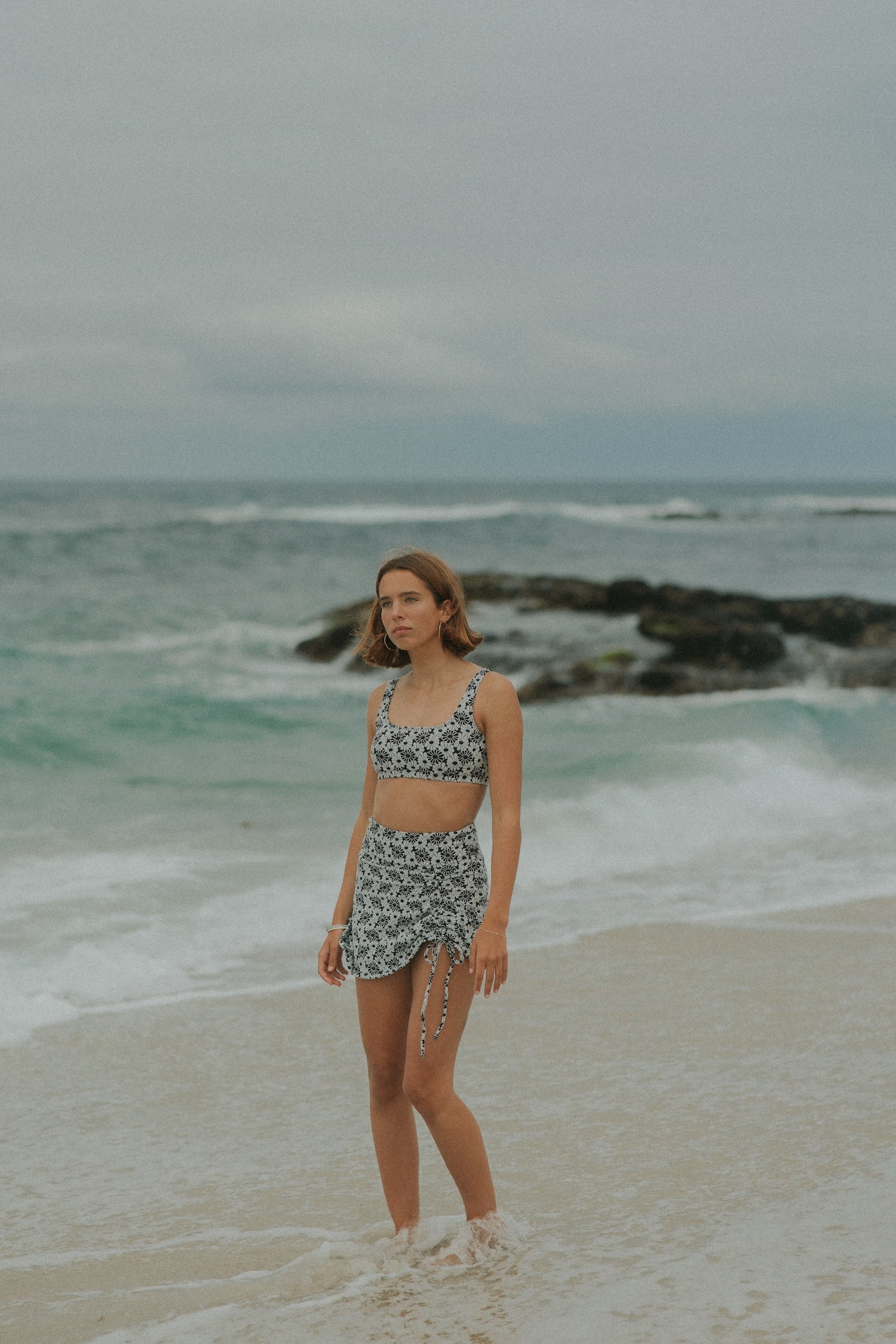 Feminine Floral Black and White Full Coverage Swim Skirt