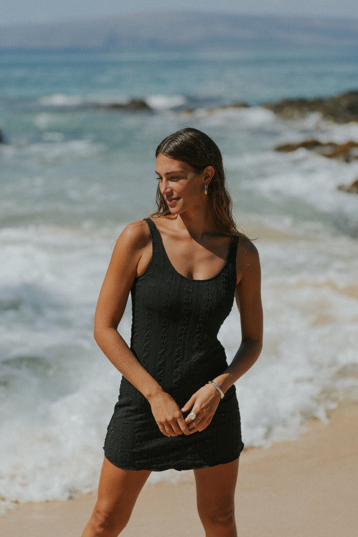 Black Full Coverage Textured One Piece Swim Dress