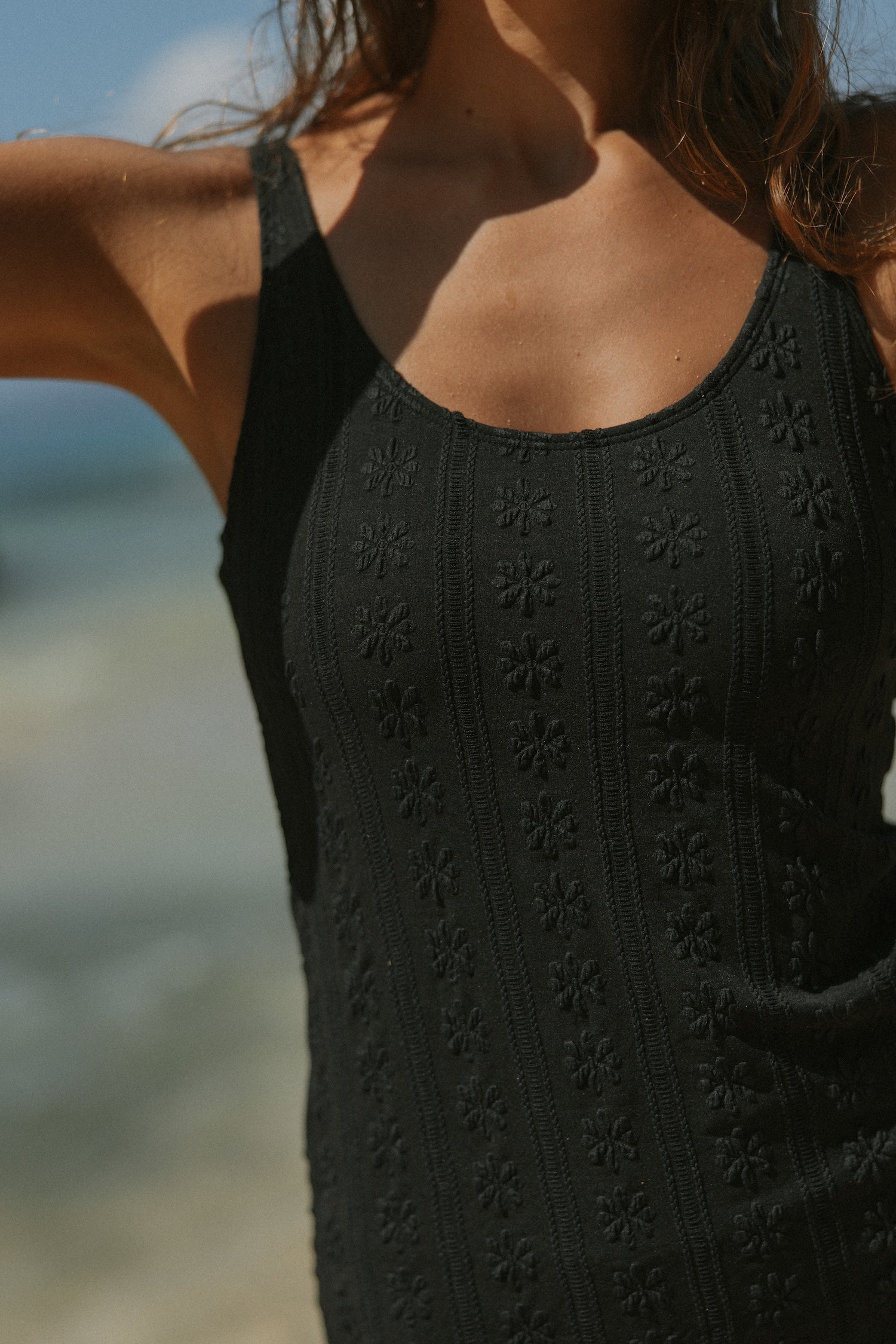 Textured Floral Black Full Coverage Classy Swim Dress