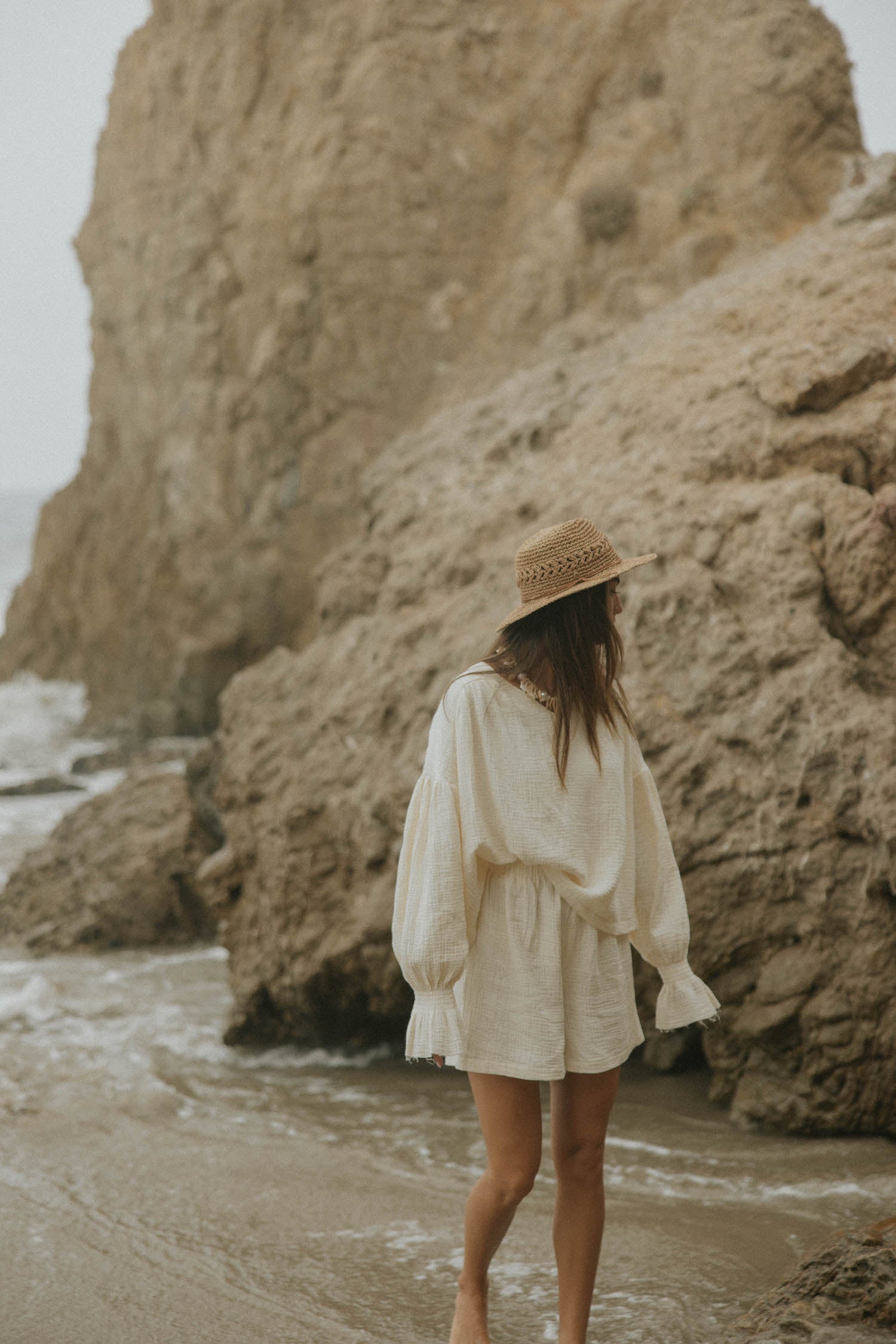 Muslin, cream matching beachwear set for women.