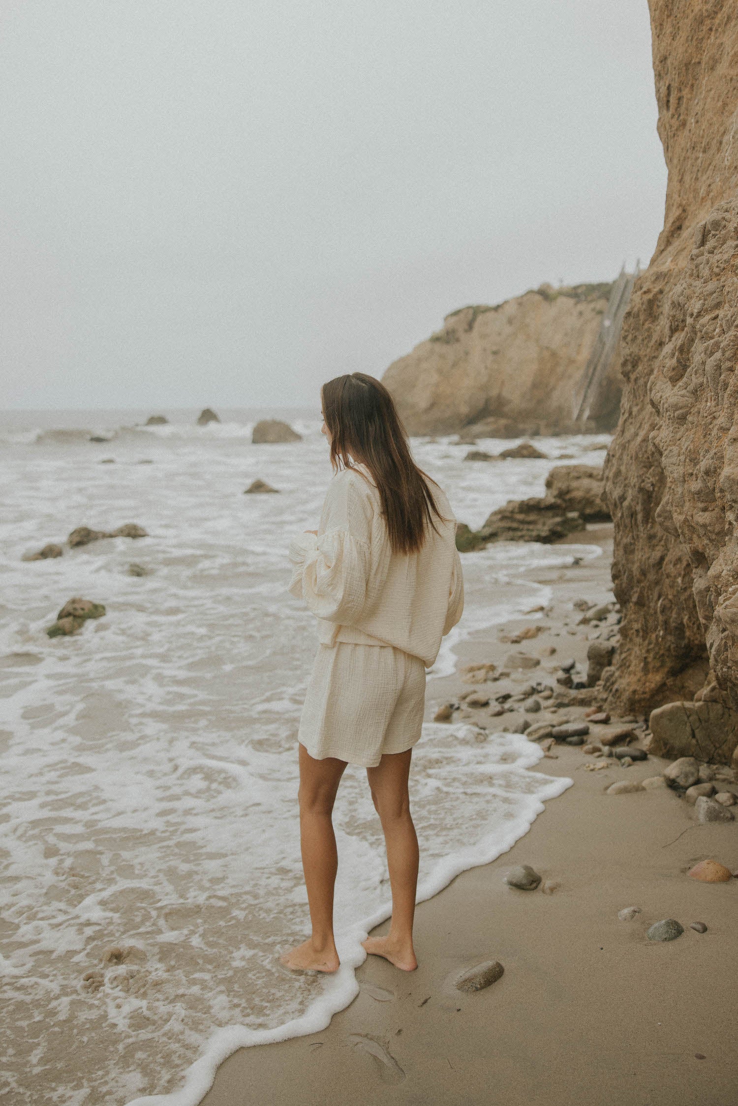 Muslin, cream matching beachwear set for women.