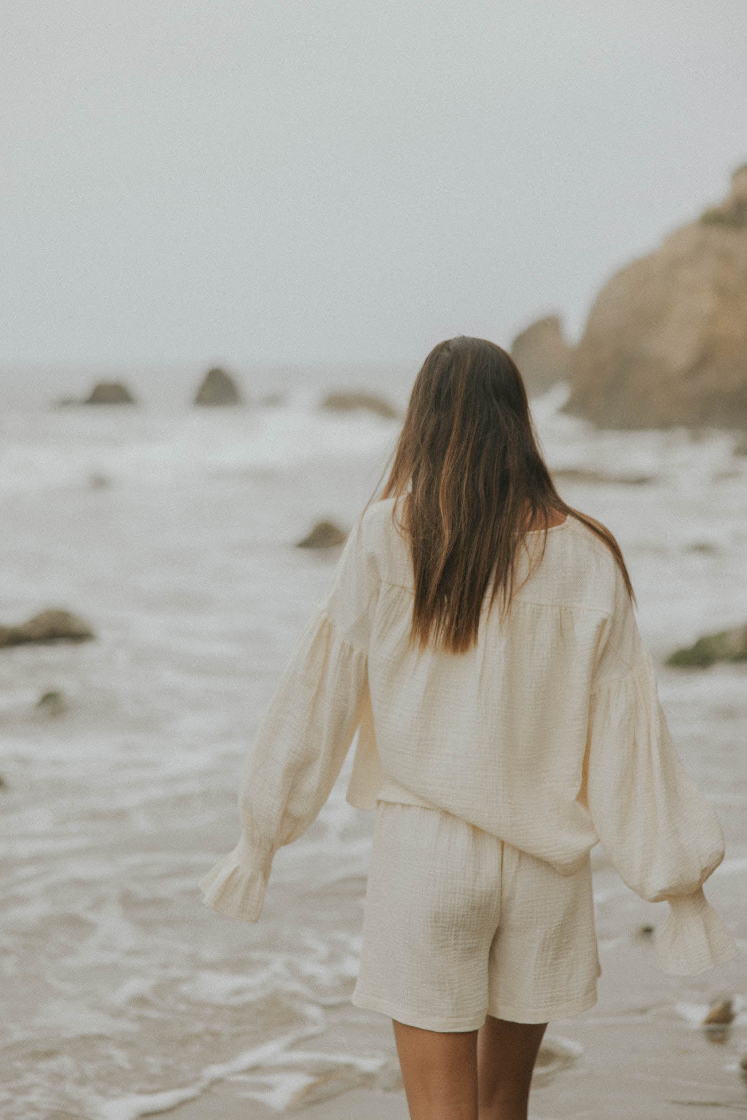 Muslin, cream matching beachwear set for women.