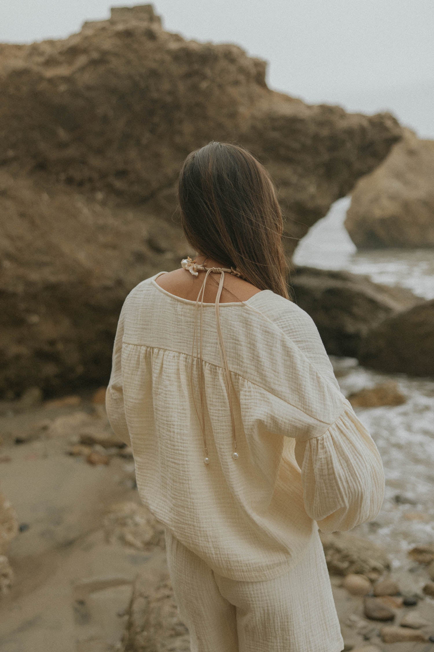Muslin, cream matching beachwear set for women.