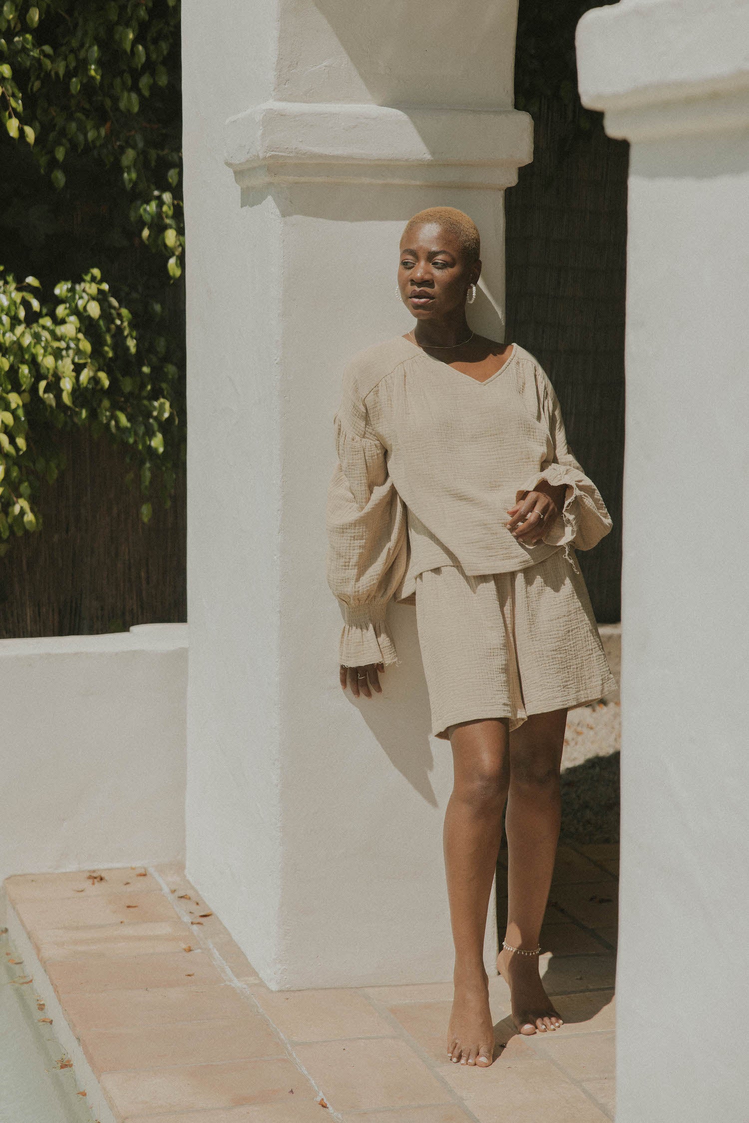 Muslin, brown matching beachwear set for women.