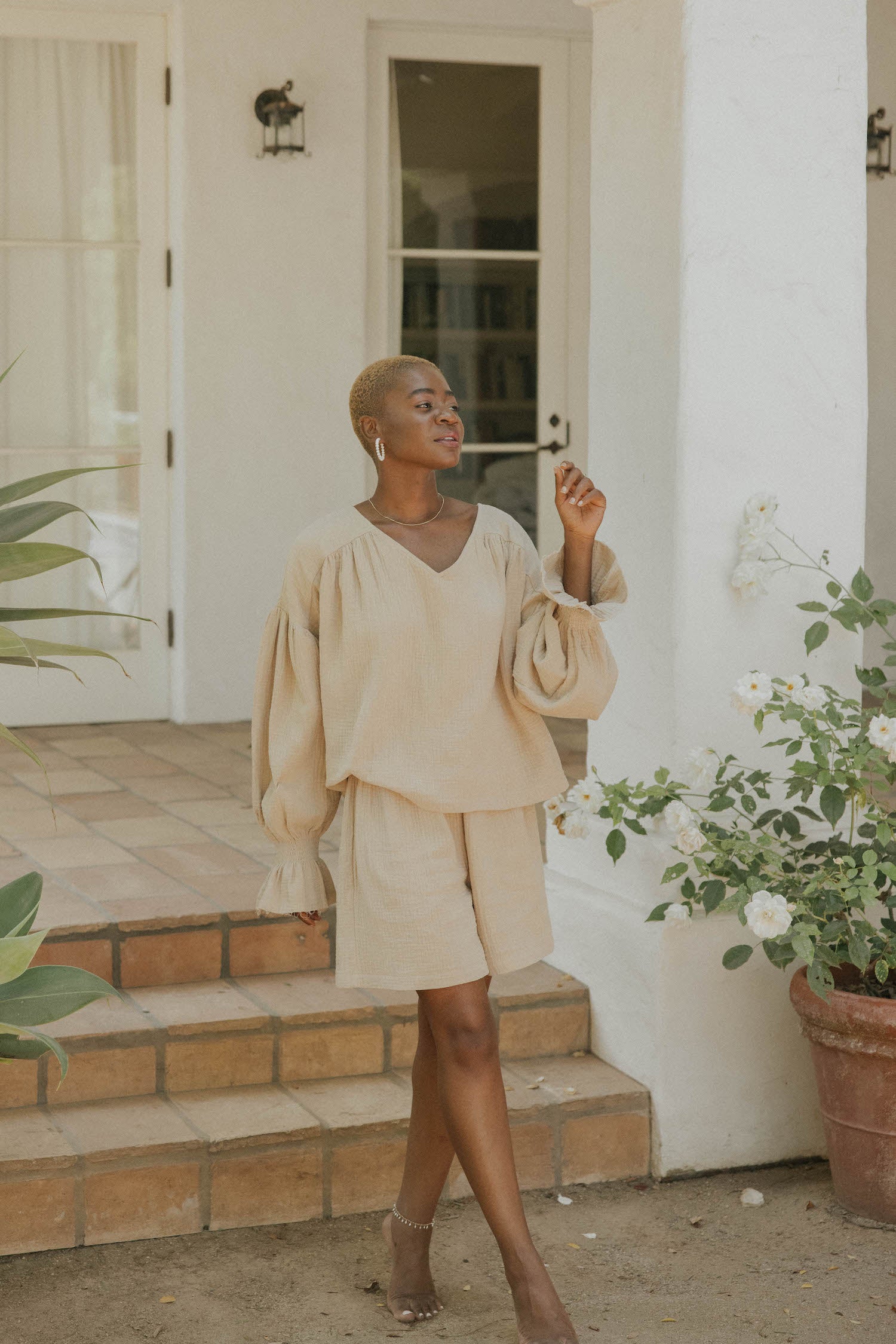 Muslin, brown matching beachwear set for women.