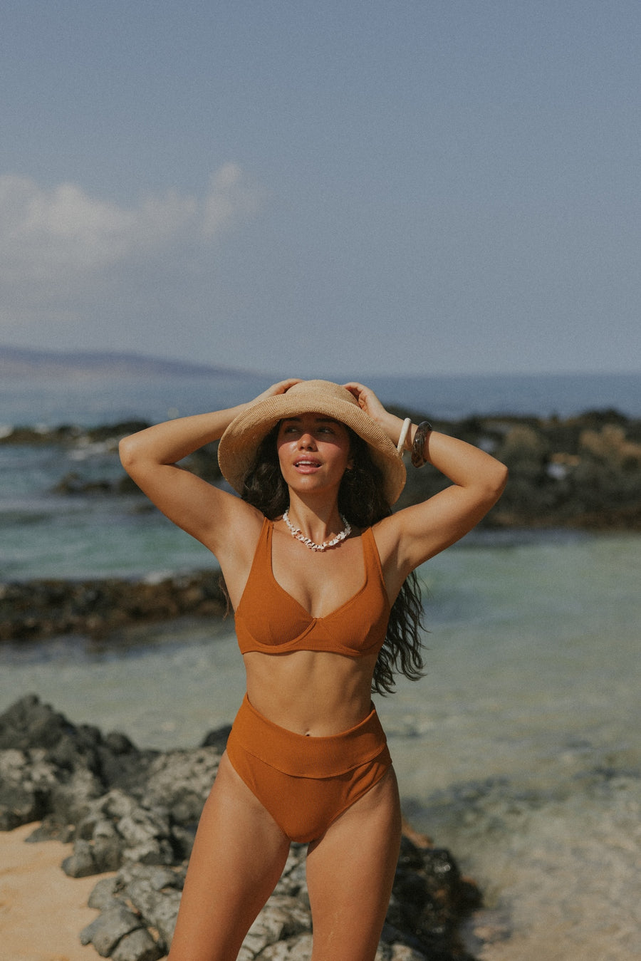Cute Sexy Modest High Waisted Tummy Control Orange Textured Bikini