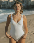 Pure White High Quality Ribbed One Piece Modest Bathing Suit