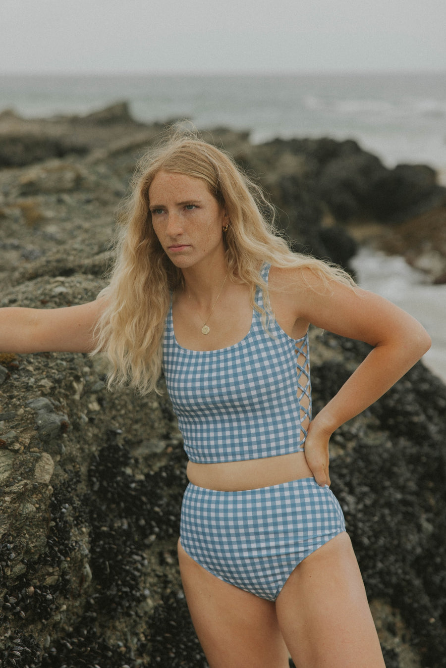 Gingham Blue and White Full Coverage Bikini Top with Cutouts