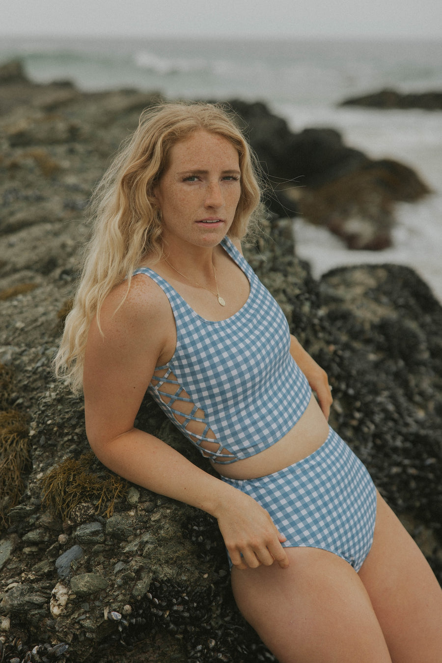 Blue and White Gingham Modest Bikini Top Geode Swimwear