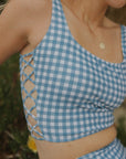 Modest Gingham Blue and White with Cutouts Bikini Top