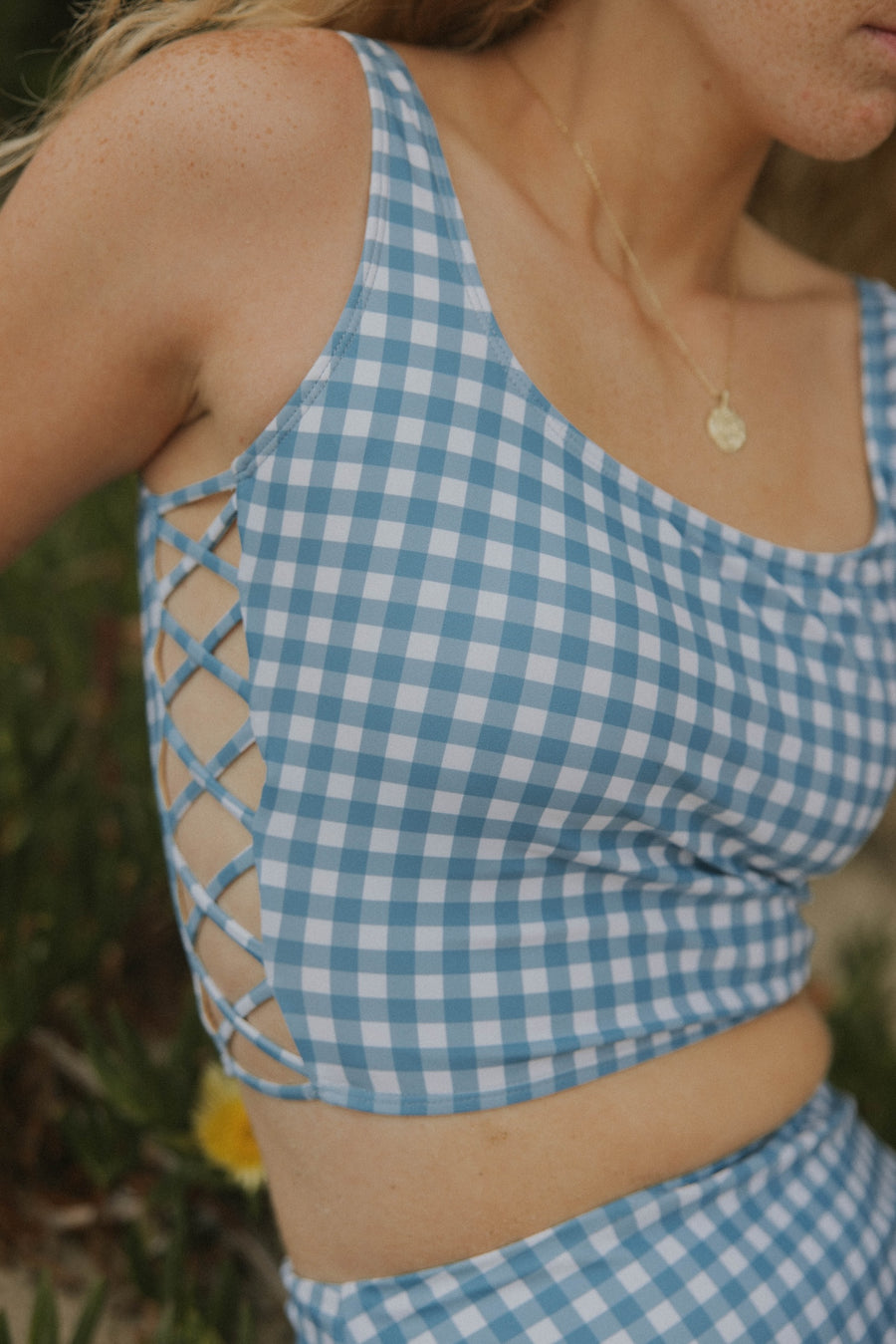 Modest Gingham Blue and White with Cutouts Bikini Top