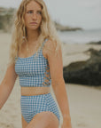 White and Blue Gingham Full Coverage Modest Bikini with Cutouts