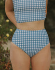 Blue and White Gingham Printed Full Coverage High Waisted Bikini Bottoms