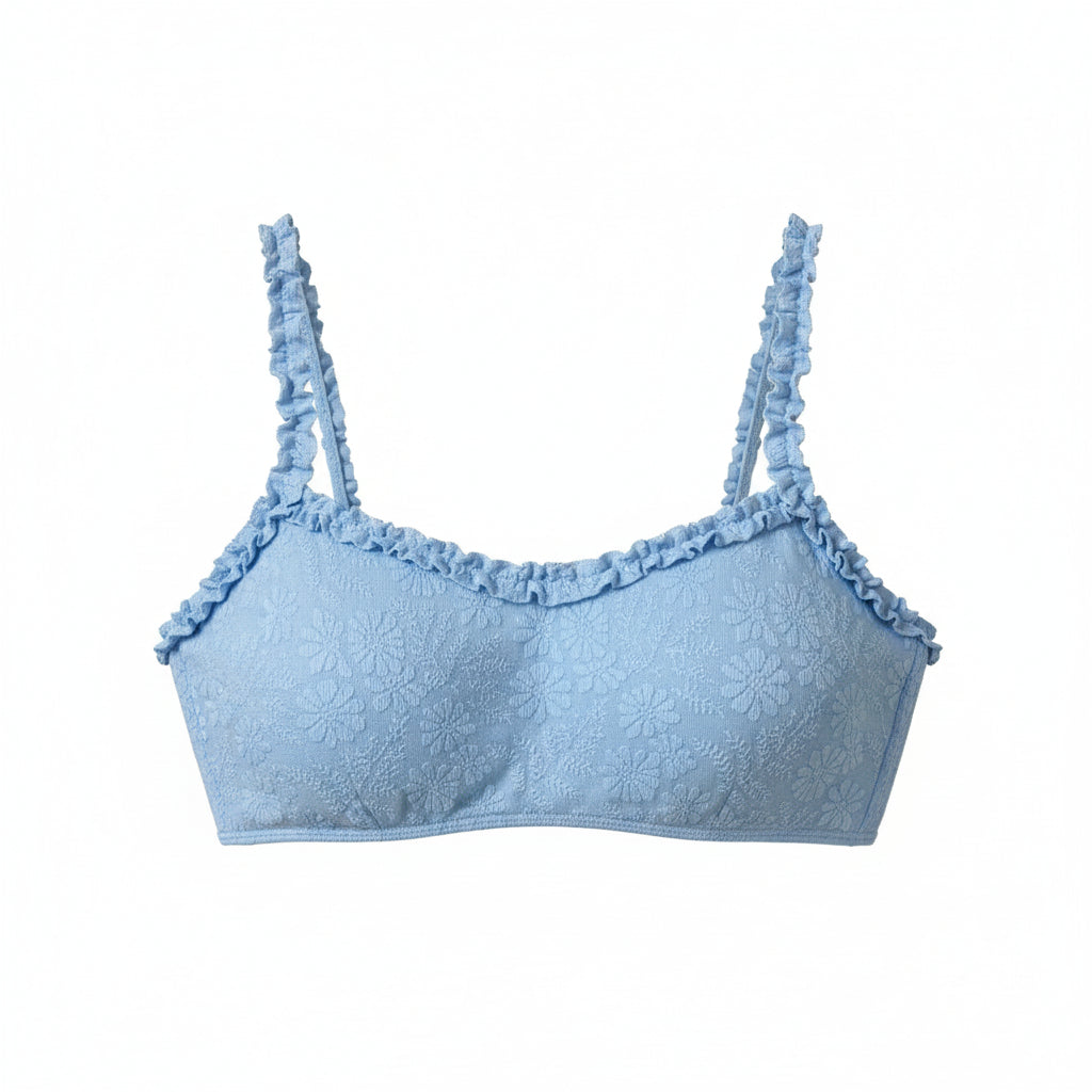 Azure Bikini Top | Light Blue Textured Ruffle Strap Bikini Top