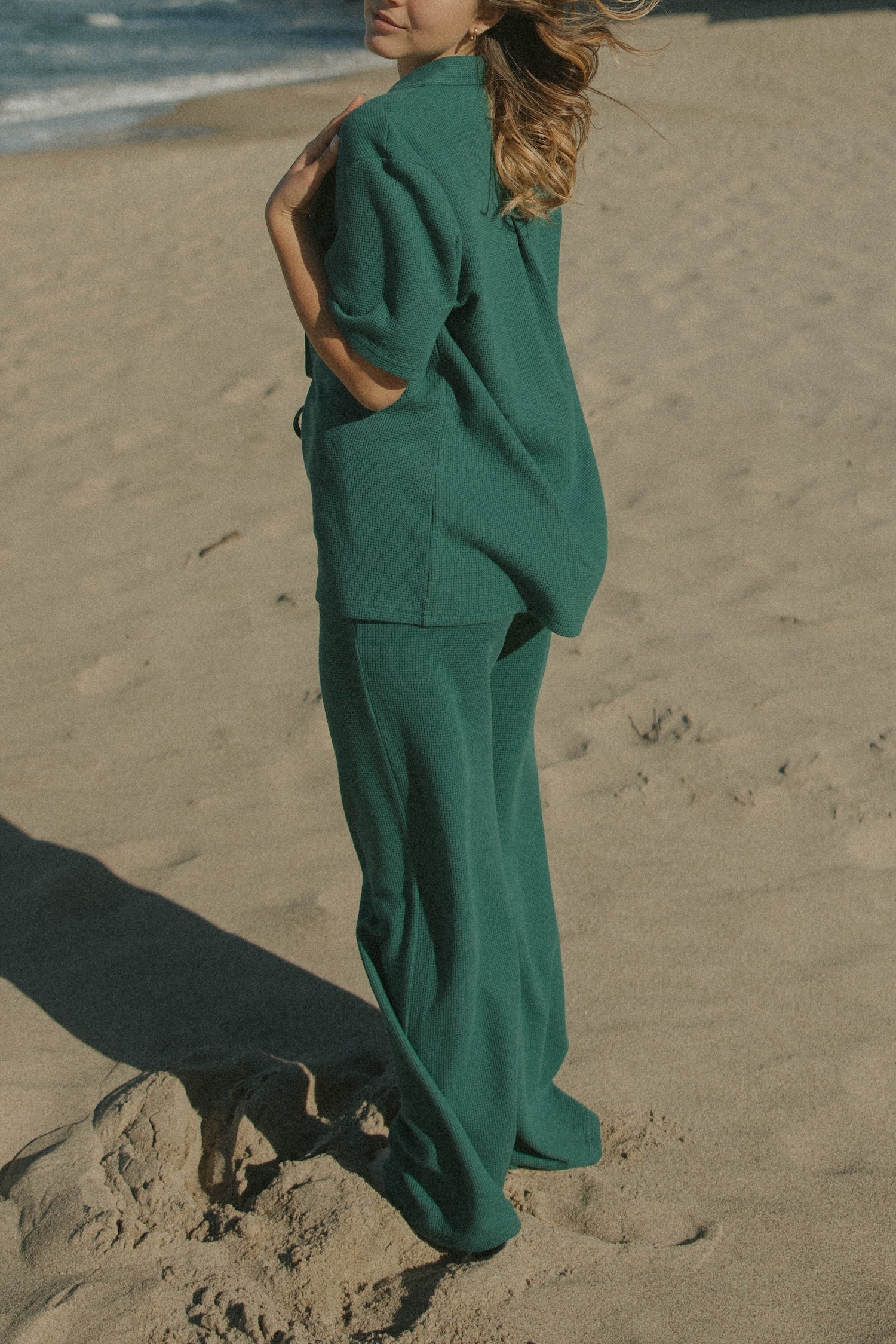 Women's green waffle knit lounge pants.