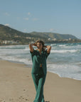 Women's green waffle knit lounge pants.