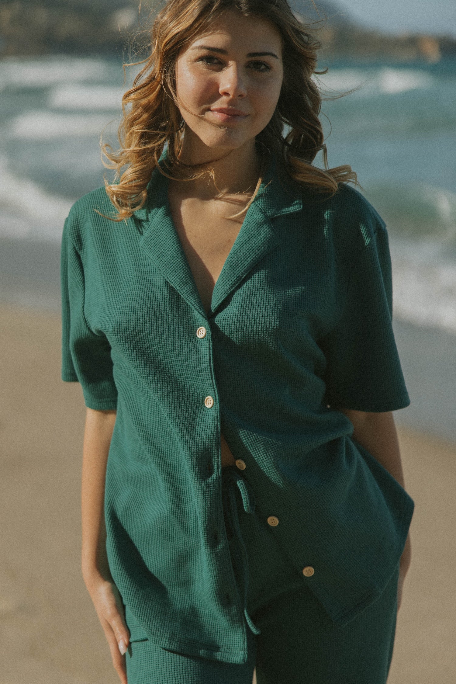 Green waffle lounge set for women.