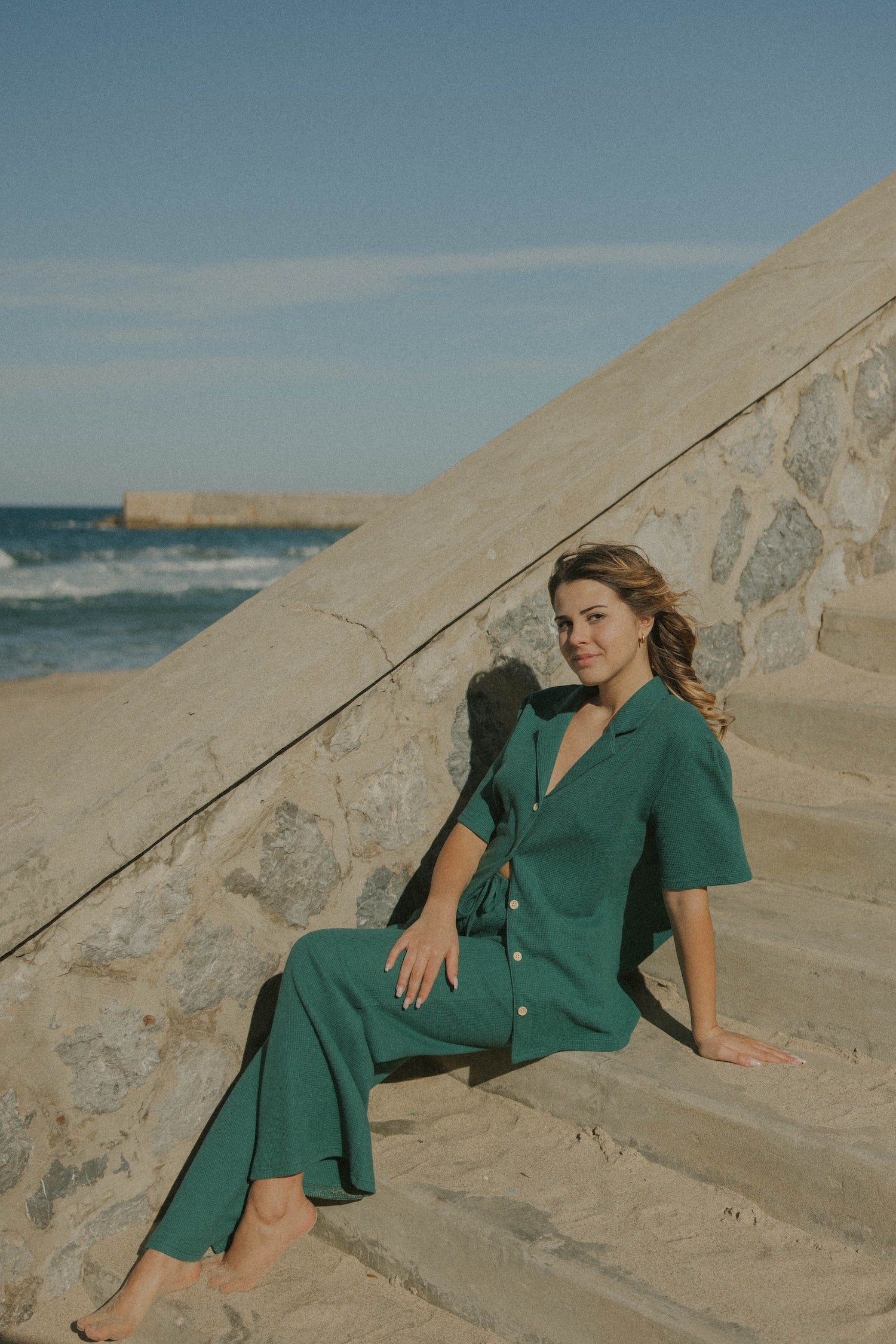 Women's green waffle knit shirt.