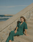 Women's green waffle knit shirt.