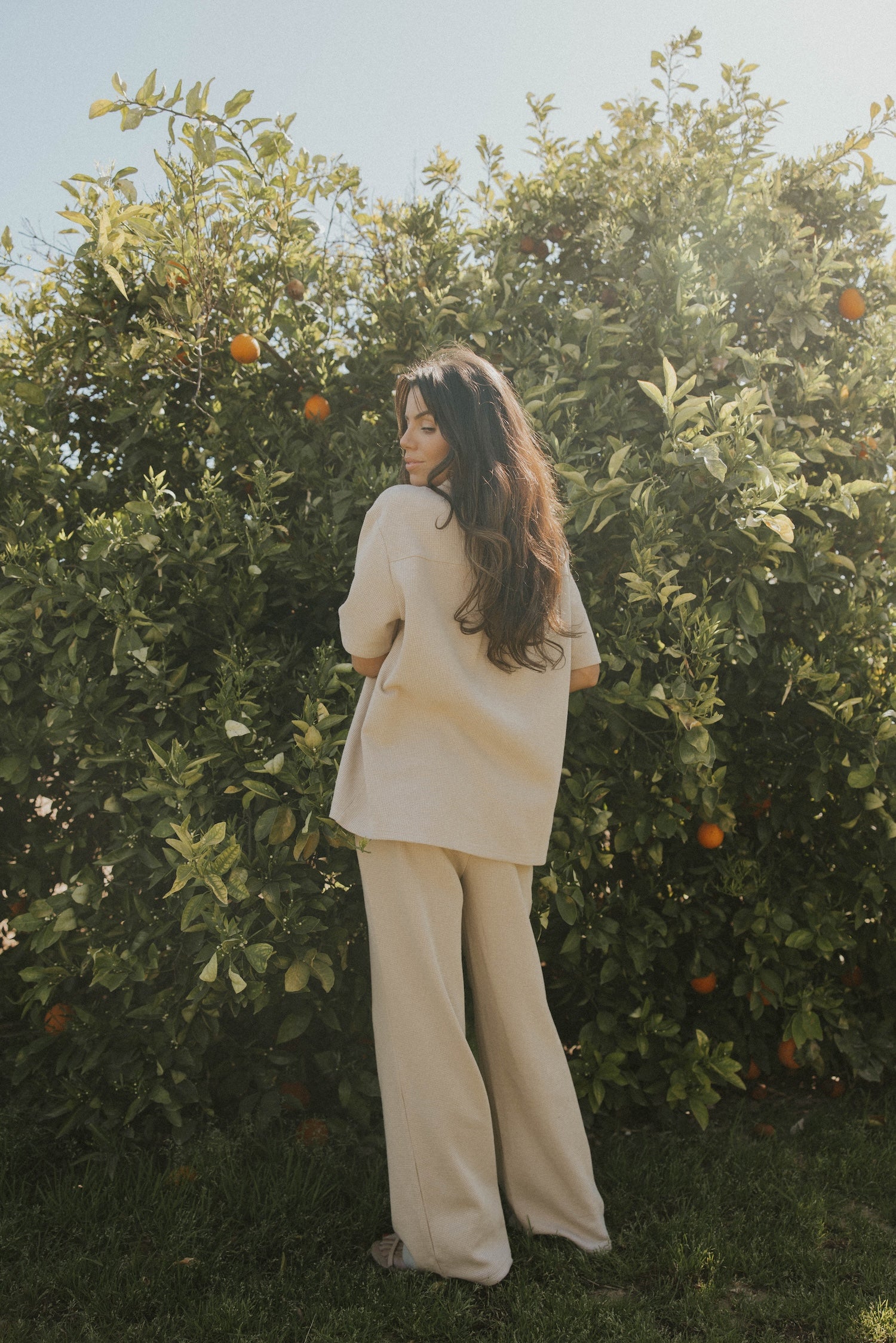 Women's neutral waffle knit shirt.