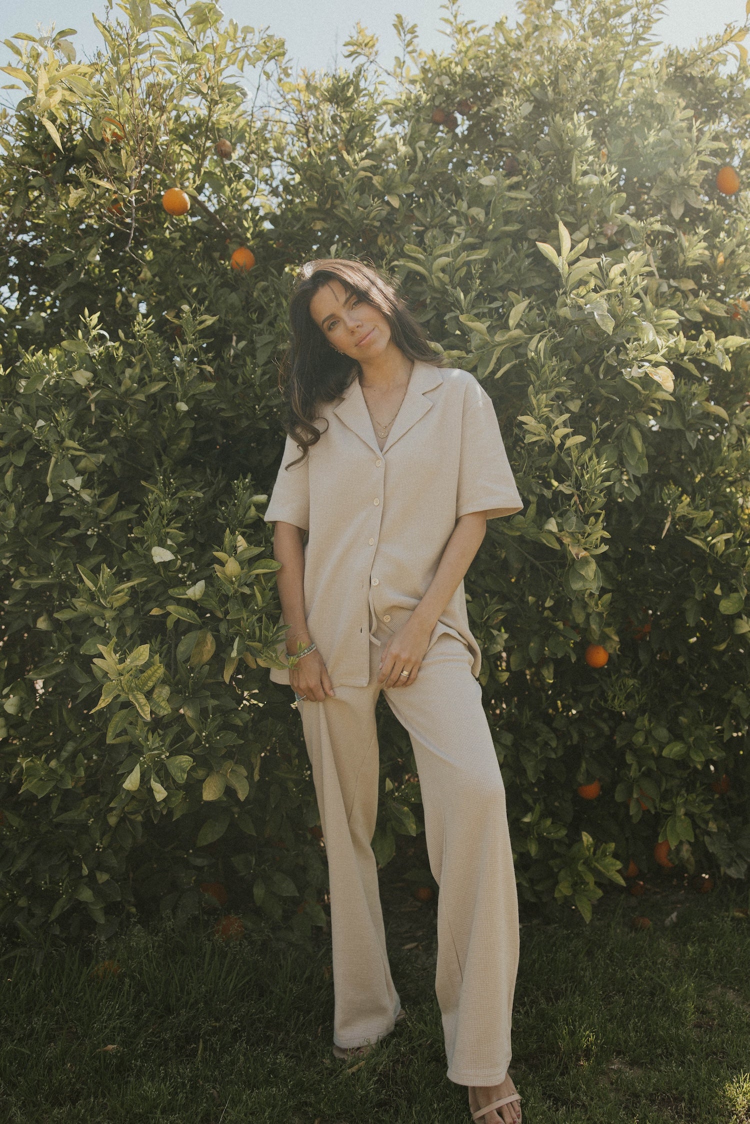 Women's neutral waffle knit shirt.