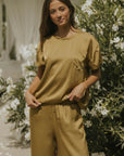 Matching silk sleepwear set for women.