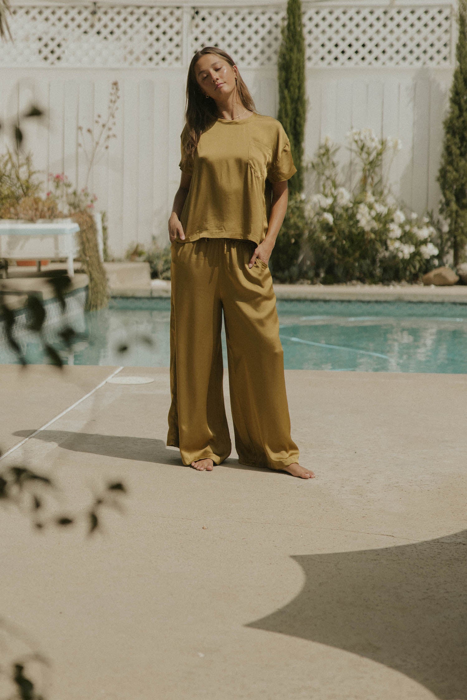 Matching silk sleepwear set for women.