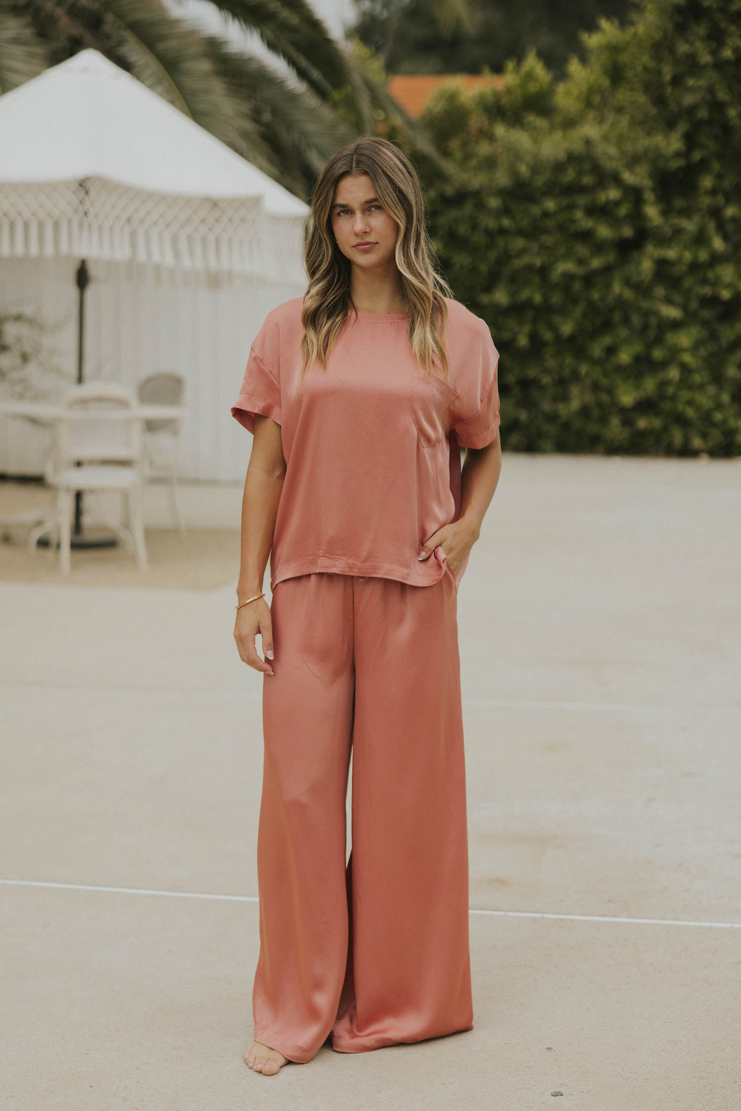 Wide leg silk pants for women.