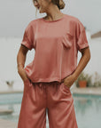 Matching silk sleepwear set for women.