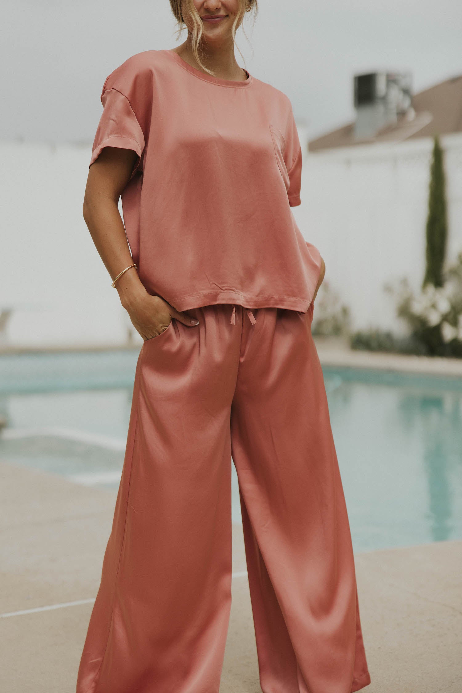 Matching silk sleepwear set for women.