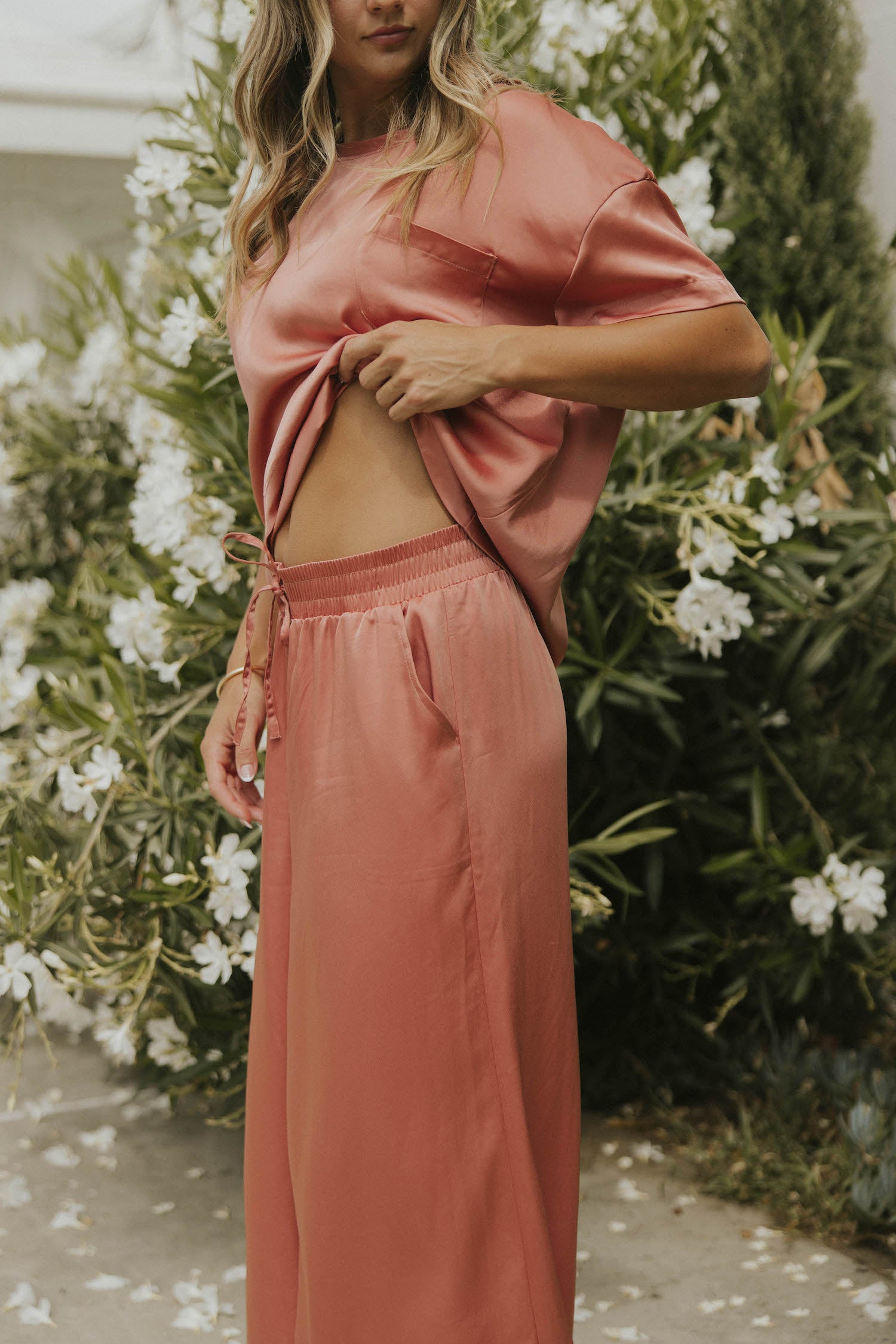 Matching silk sleepwear set for women.