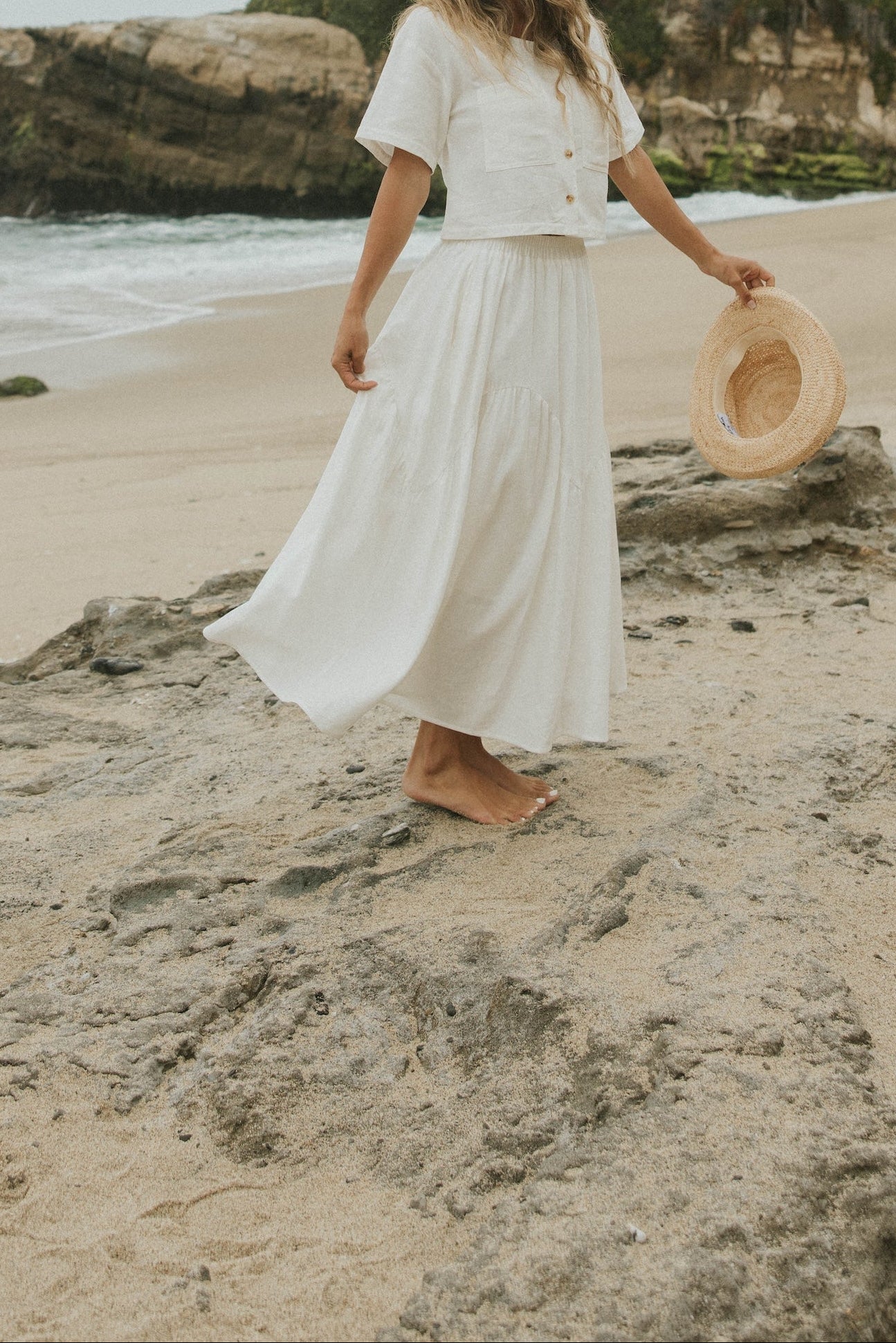 White two piece skirt set and linen two piece set. 