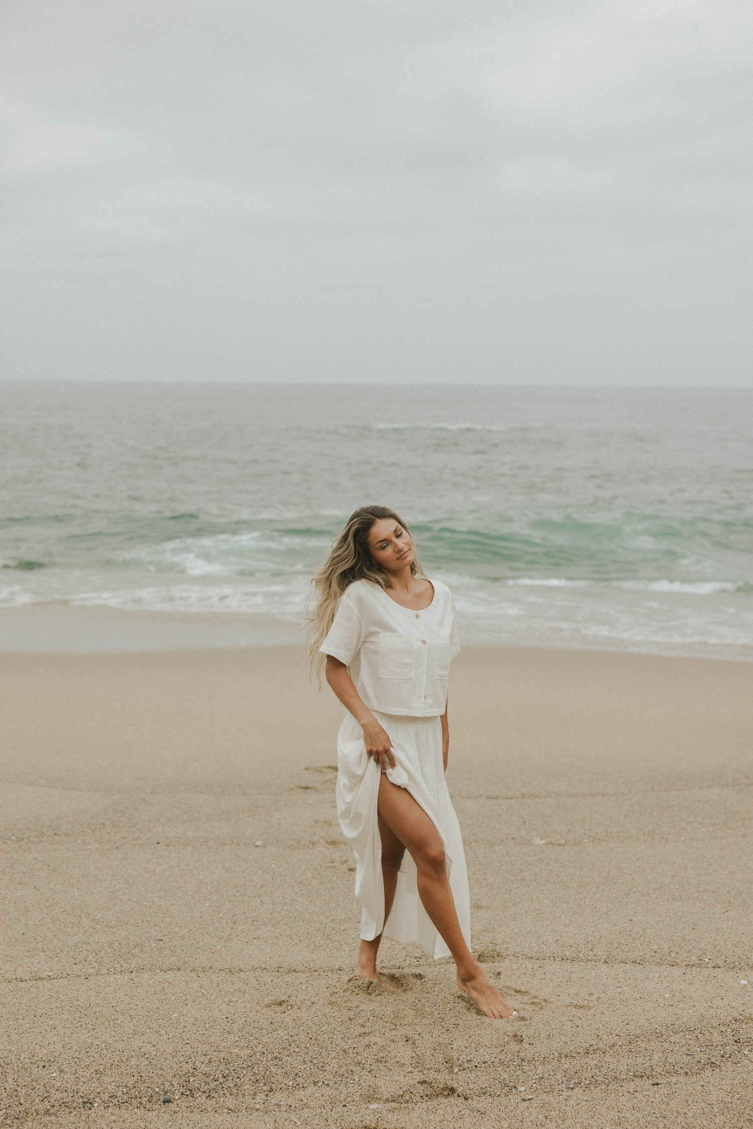 White two piece skirt set and linen two piece set. 