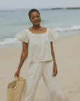 Matching linen lounge set for women.