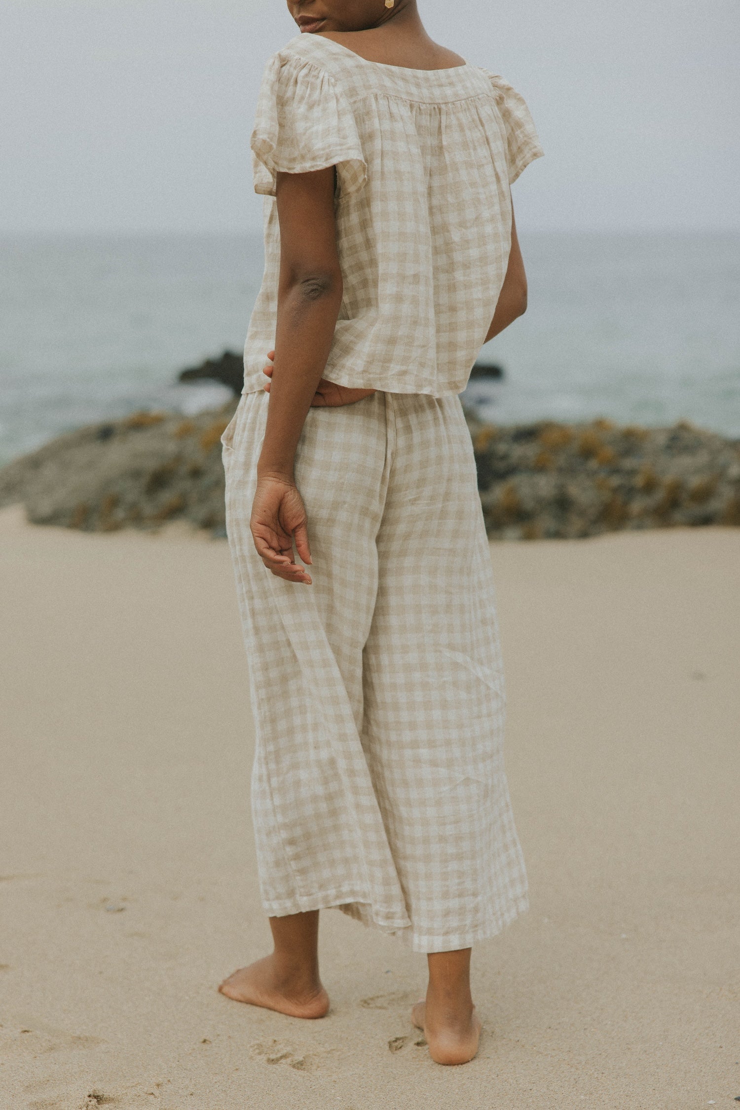 Wide leg gingham pants for women.