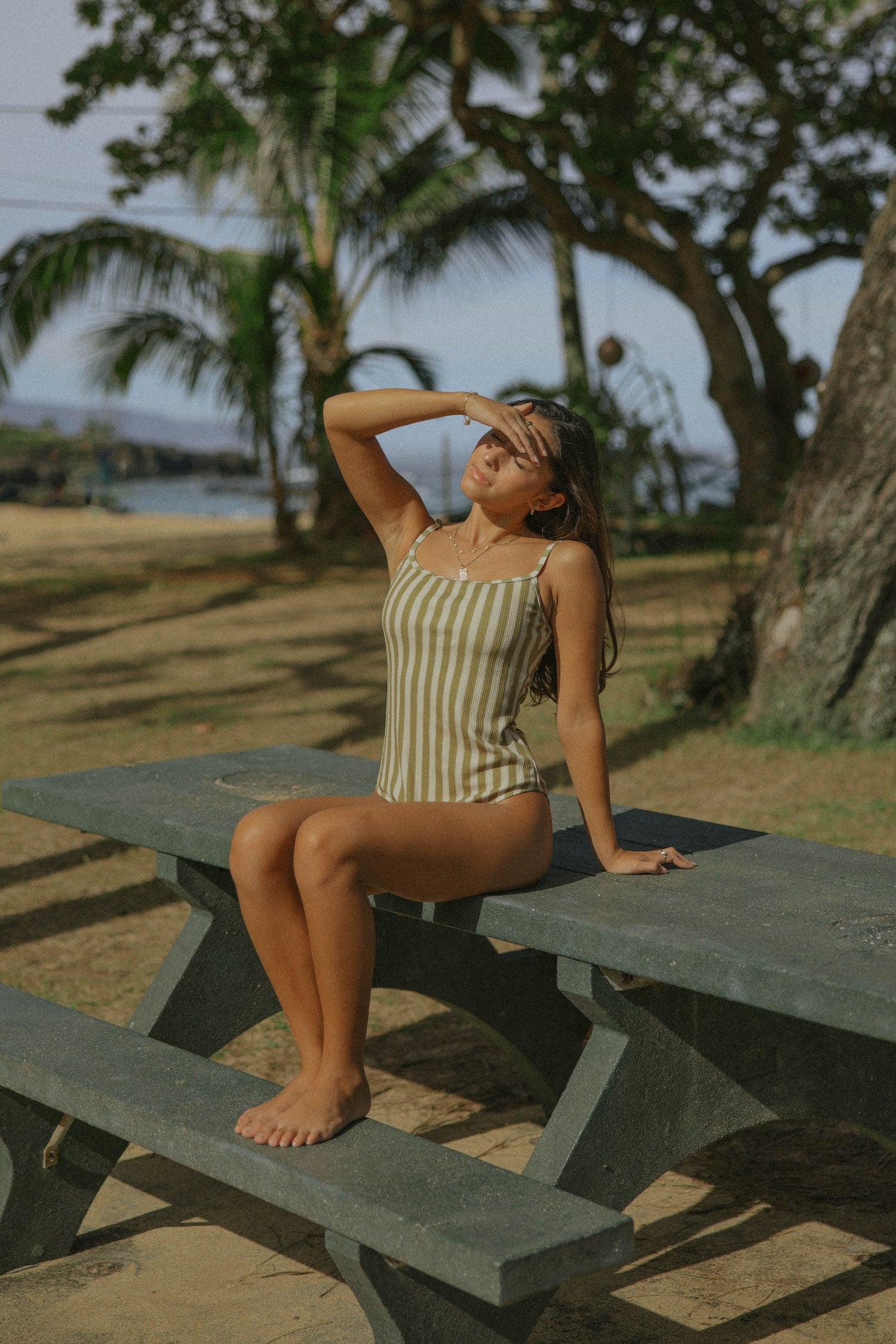 Neutral Creme Mature Modest One Piece Swimsuit for Christian Women