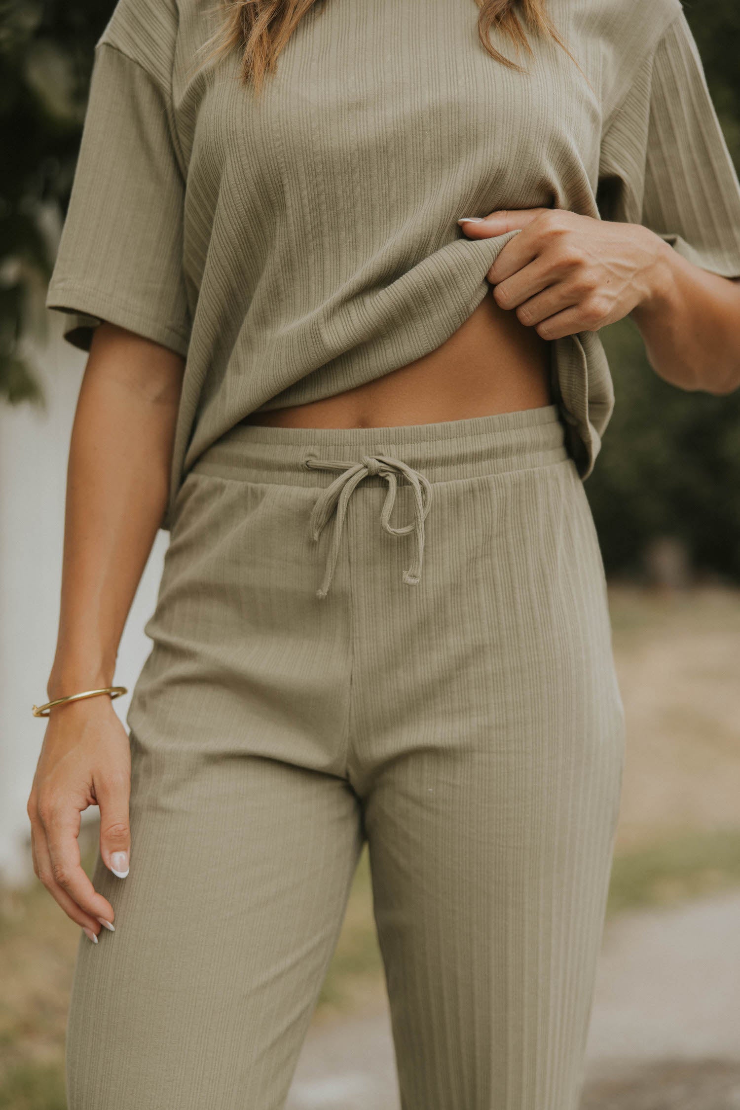 Sage green casual matching loungewear set for women.