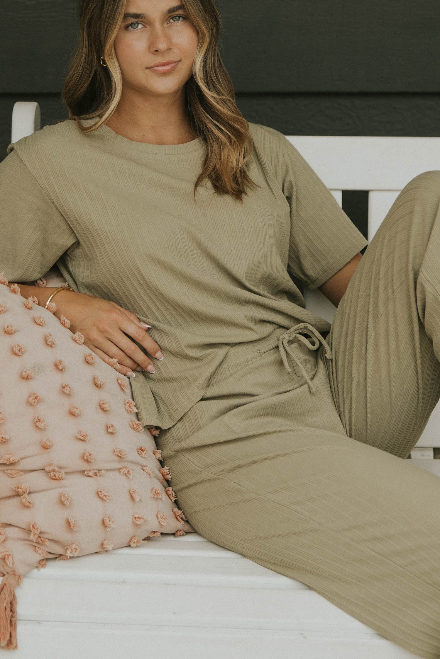 Green casual matching loungewear set for women.